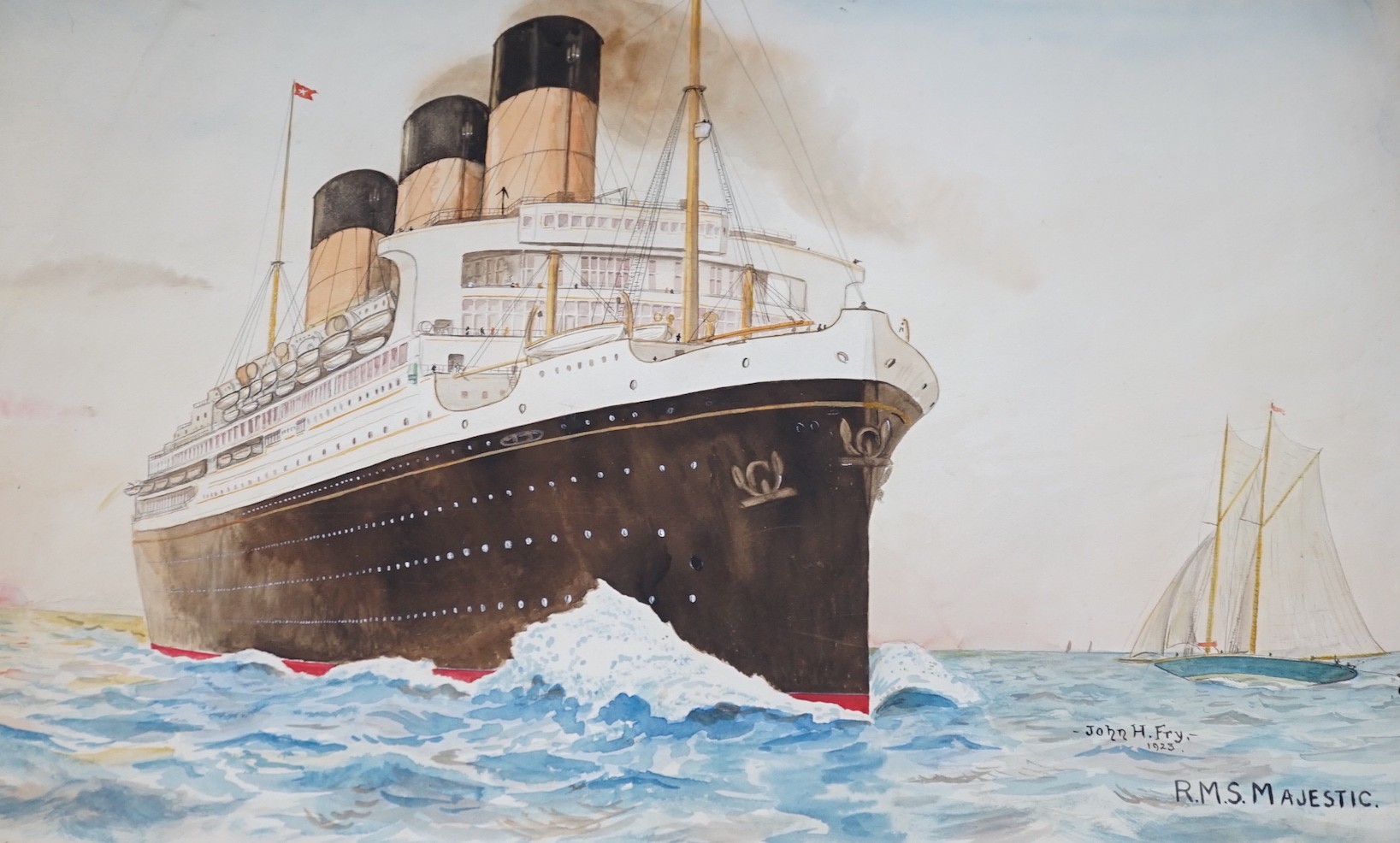 John Hemming Fry (1860-1946), two watercolours, Illustrations of the RMS Majestic and RMS Caernarvon Castle, signed, 47 x 70cm, unframed (original postcards artwork)